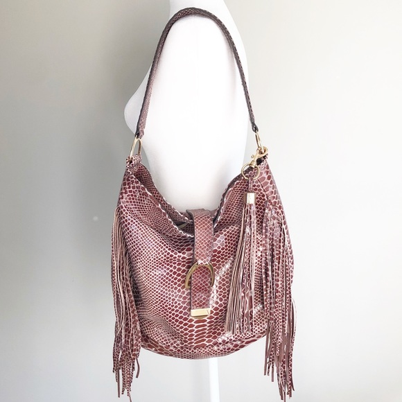 G.I.L.I. Handbags - G.I.L.I. Snakeskin Fringe Hobo Bag Taupe Python